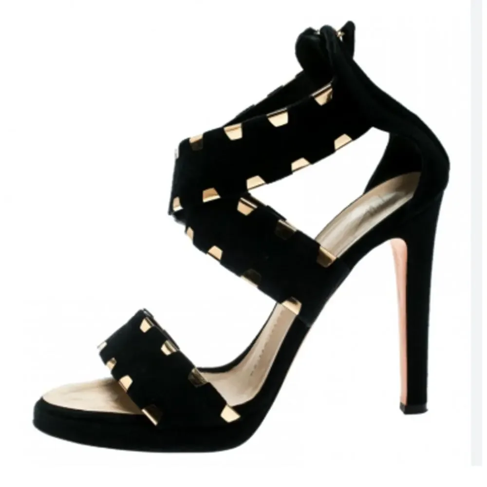 Giuseppe Zanotti Black Suede Cross Ankle Strap Sandals Gold 38.5
